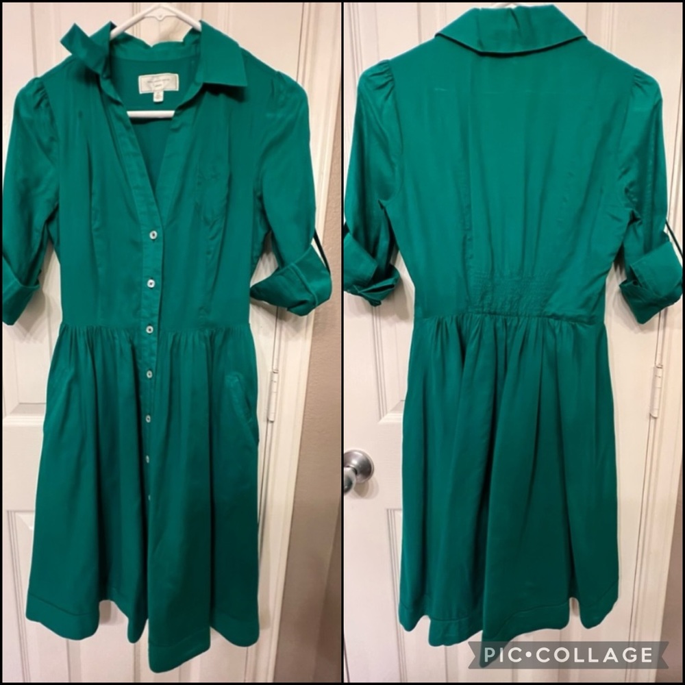 Anthro Moulin Sours 100% Cotton Kelly Green Button Down A-Line Shirt Dress - Picture 6 of 12